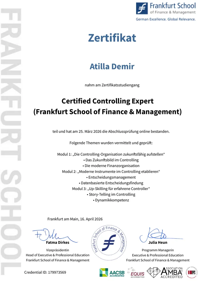 Certified Controlling Expert certificate issued by Frankfurt School of Finance & Management to Atilla Demir